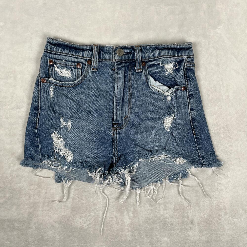 Abercrombie & Fitch Shorts Womens 00 Blue Mom Short High Rise Distressed Cutoff